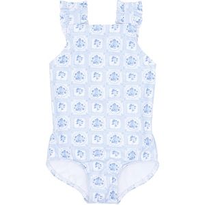 Minnow girls mosaic blue floral ruffle strap one piece excellent condition!